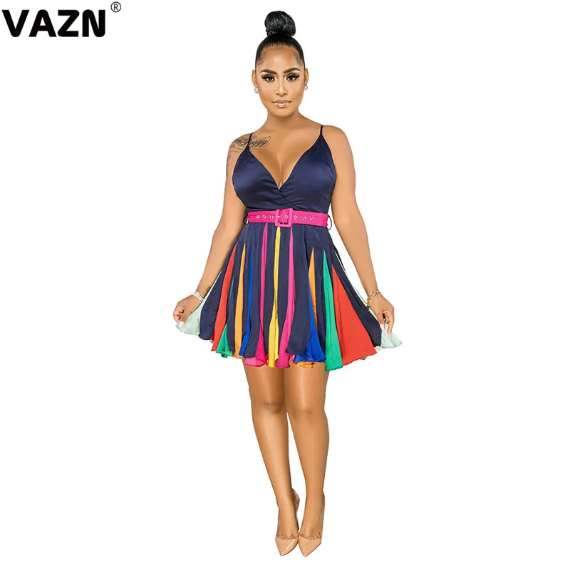 VAZN Striped Print Holiday V-neck A-line Party Street Night Club Sexy Slim Young Dress 2020 Sleeveless dress Lady | Женская одежда