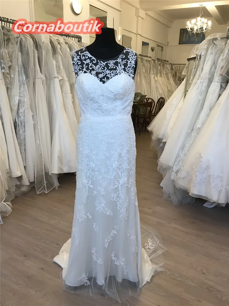 

Fit and Flare Vestido De Novia Soft Tulle Wedding Gown COR-067 Lace Appliques Illusion Neckline Bridal Gowns Custom Size
