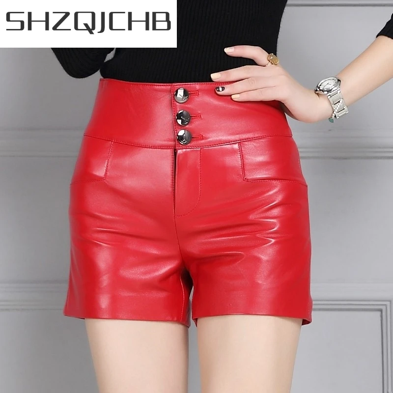 JCHB 2021 Female New Fashion Korean Style Straight Shorts Sheepskin Leather High Waist Casual Streetwear Punk High Quality Trous