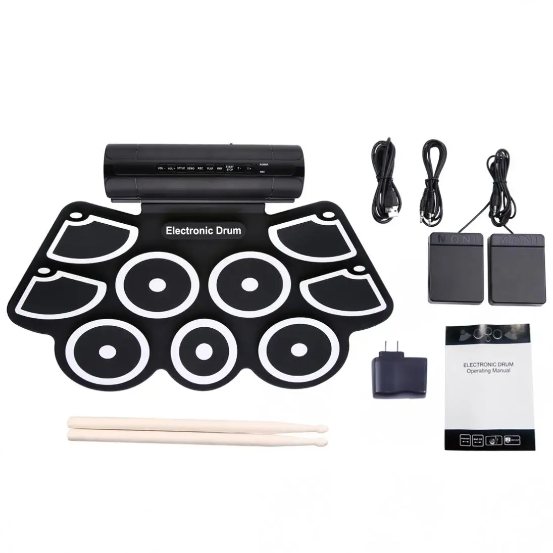 Enlarge Portable Roll Up Electronic Drum Set 9 Silicon Pads Built-in Speakers with Drumsticks Foot Pedals Support USB