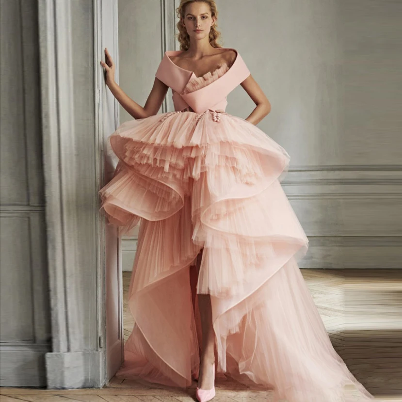 

Pale Pink Evening Dress With Sleeve Tulle abiye Vestido Longo robe de soiree Asymmetrical Dubai Evening Dresses Tiered