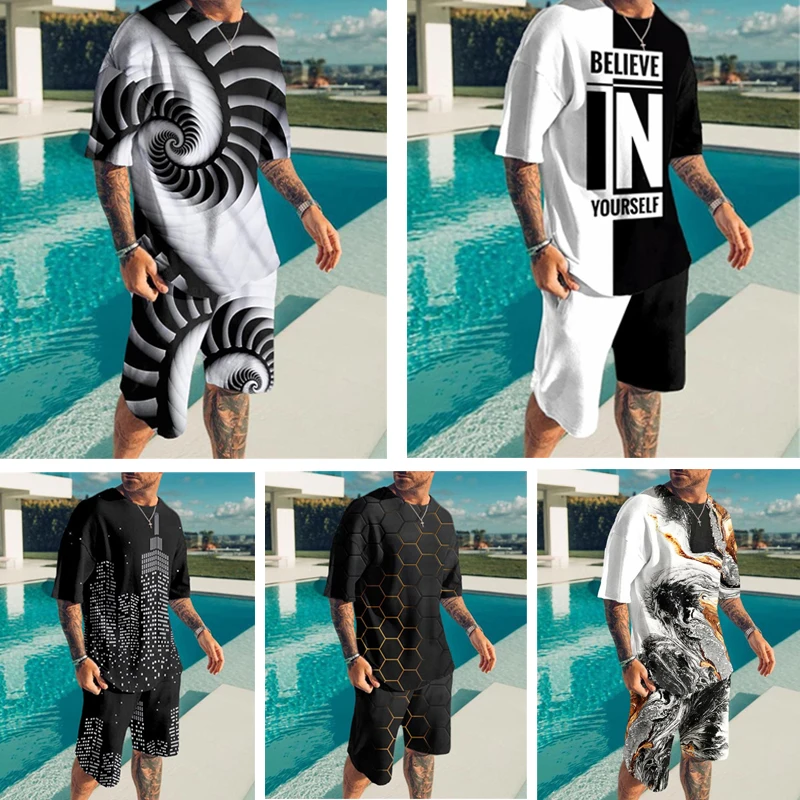 New 2021 Summer Men's T-shirt Male Casual Suit Simple Type Men's T-shirt Short Sleeve+Shorts Oversized 3D Printing 2-piece Set