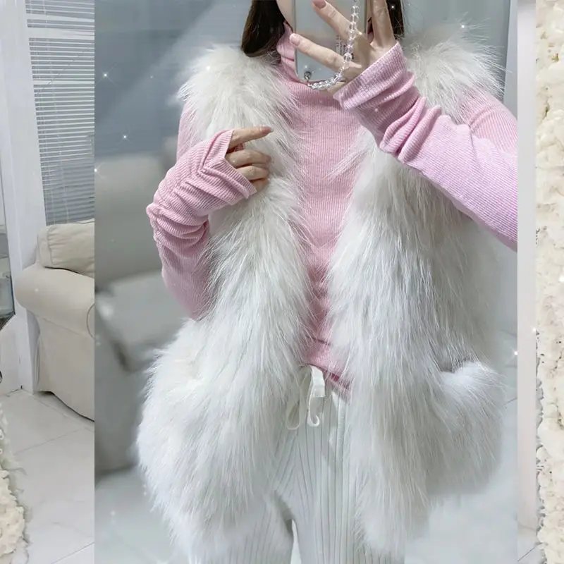 

Женский жилет из искусственного лисьего меха, мягкий пушистый жилет без рукавов с V-образным вырезом, куртка из искусственного меха D614, Осен...