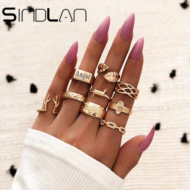 Sindlan 9 шт. набор винтажных золотых колец в форме листа для женщин смешная
