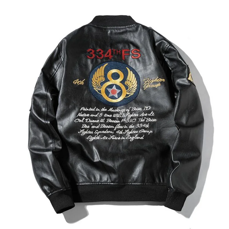 Мужская кожаная куртка на молнии с вышивкой весна-осень | одежда