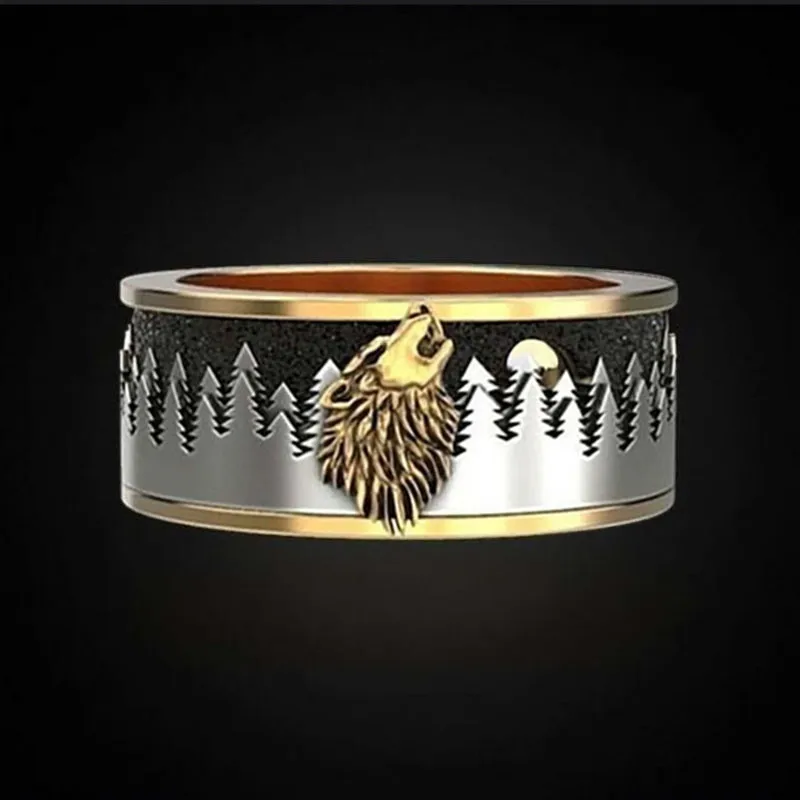 

Dark Forest Wolf Howling Carved Pattern Ring Gold Color Punk Viking Men's Carbonized Ring Jewelry Party Ring Anniversary Gift