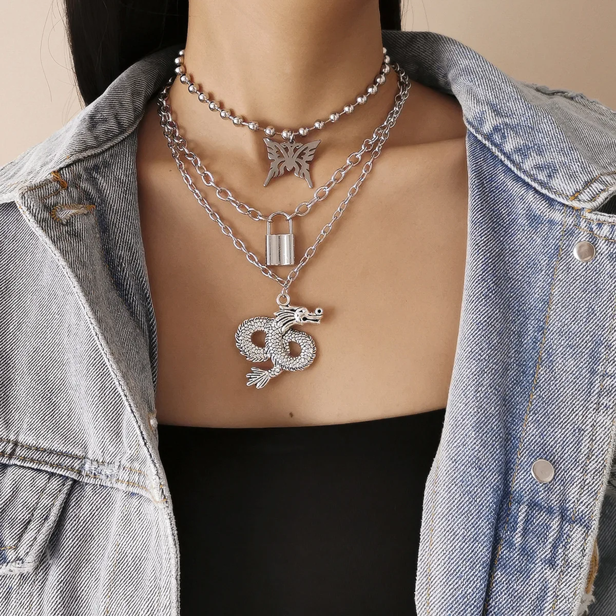 Многослойное массивное ожерелье цепочка в стиле панк женское с подвеской виде