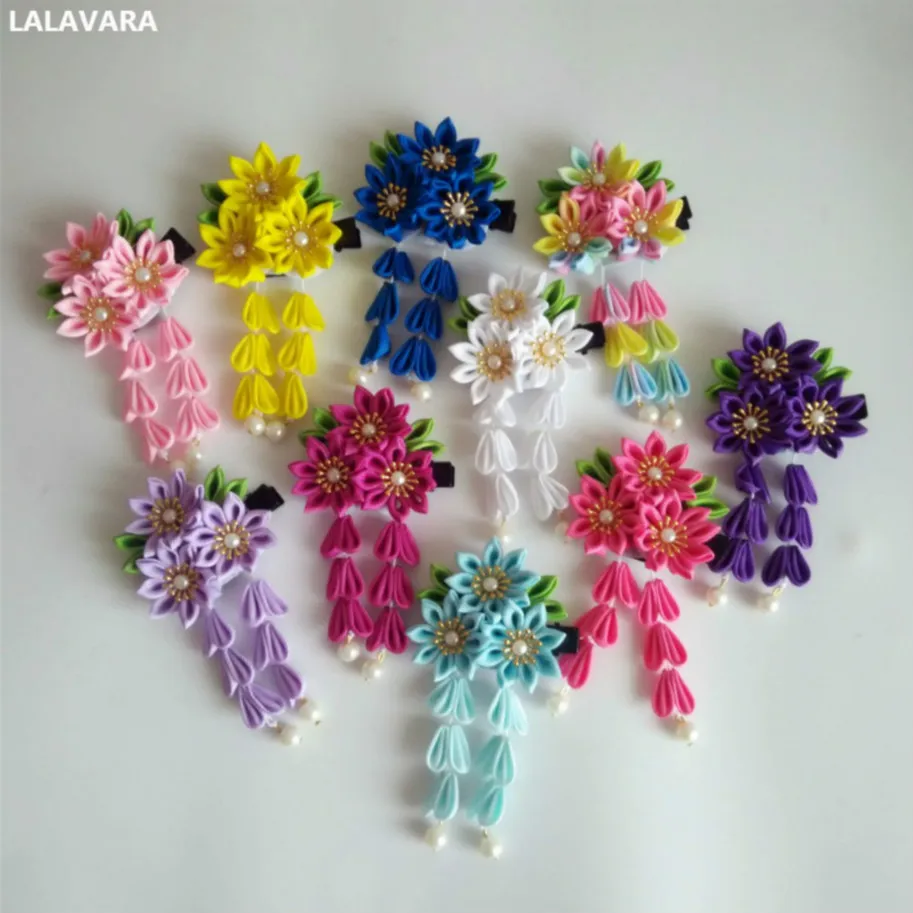 mix10 colors LALAVARA 10 шт. японские кимоно заколки kanzashi цветок заколки для волос для женщин детей девочек аксессуары для волос - Цвет: mix10 colors