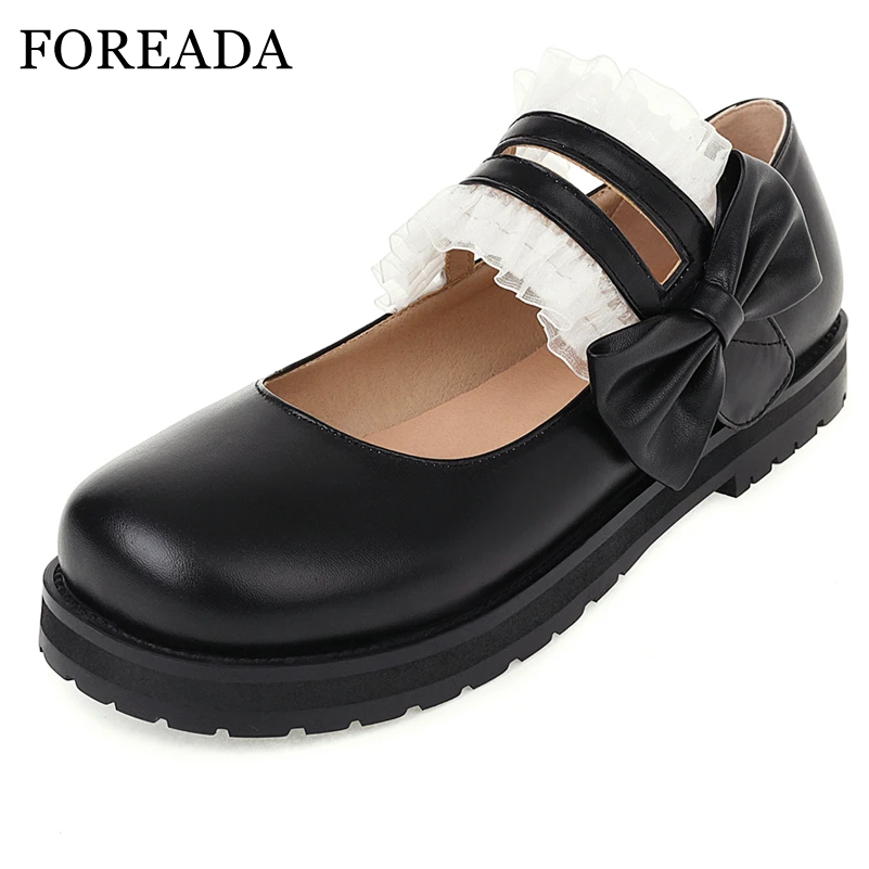 

FOREADA Women Mary Janes Shoes Patent Leather Flats Round Toe Shoes Casual Bow Loop Female Footwear Autumn Black White 33-45