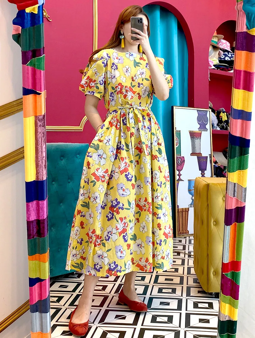 

Korean Ins Colorful Flora Sweet Western Style Youthful-Looking Loose Short Sleeve Lace-up Waist-Controlled Slimming Midi Dress