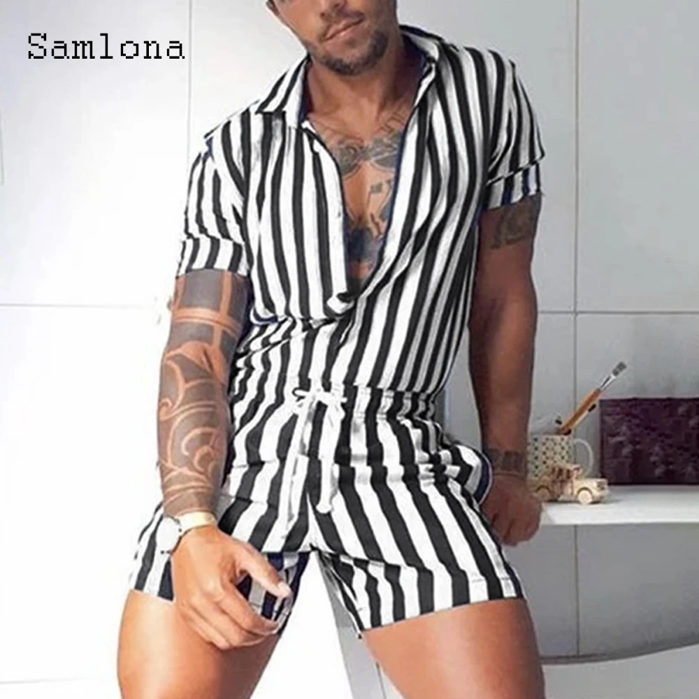 Samlona Mens Open Crotch Classic Stripes Jumpsuit Summer Casual Onesie Beachwear One-piece Playsuits Sexy Men Clothing 2021