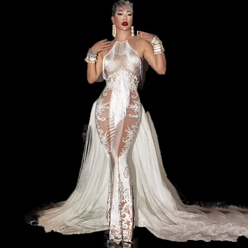 Джаз телесное белое платье костюм для танца хвост празднования дня рождения