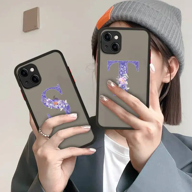 

Letter Retro Purple Flower Phone Case For iphone 12 11 13 Pro Max X XS Max XR 7 8 6 Plus 12mini Translucent Matte Shockproof
