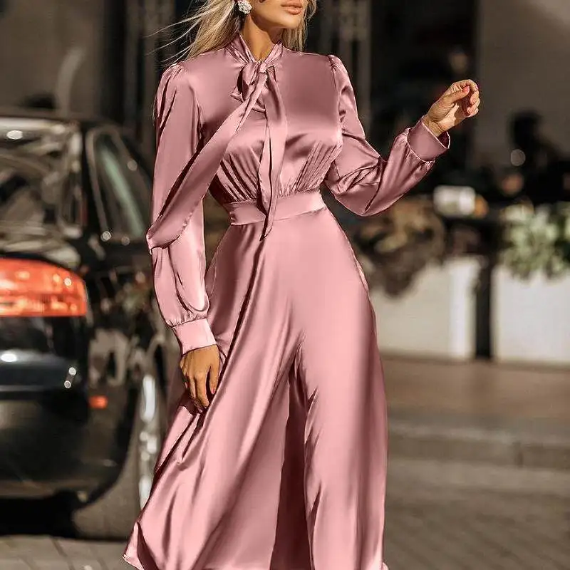 

FAKUNTN Satin Silk Long Dress Bow Tie Long Sleeve Strappy Casual Maxi Sundress Women Wrap Kleid 2021 Elegant Lady Vestidos