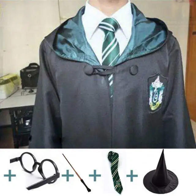 Slytherin full Set 1 Костюм для косплея костюмы робы Поттера плащ-накидка с галстуком шарф Ravenclaw/Gryffindor/Hufflepuff/Slytherin детский подарок на день рождения - Цвет: Slytherin full Set 1