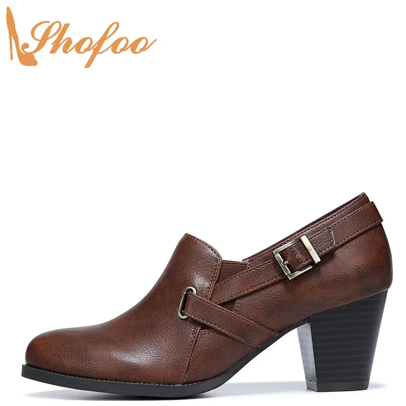 

Ботильоны женские на высоком массивном каблуке, ботинки с круглым носком, модные ботинки с ремешком с пряжкой, цвет коричневый, большие размеры 11 15