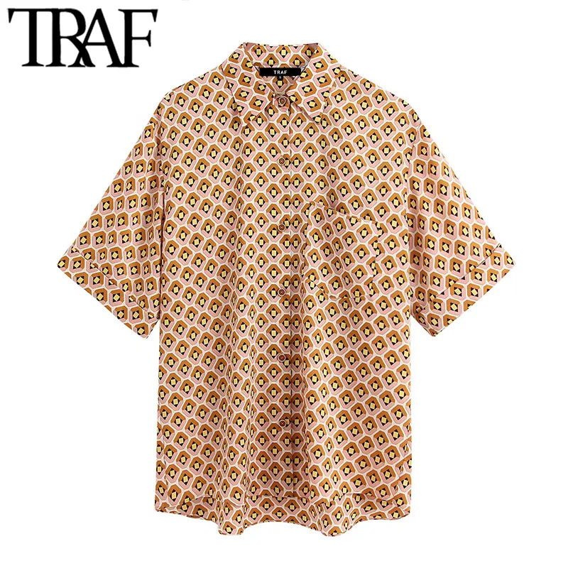 

TRAF Women Fashion Geometric Print Pocket Blouses Vintage Lapel Collar Short Sleeve Female Shirts Blusas Chic Tops