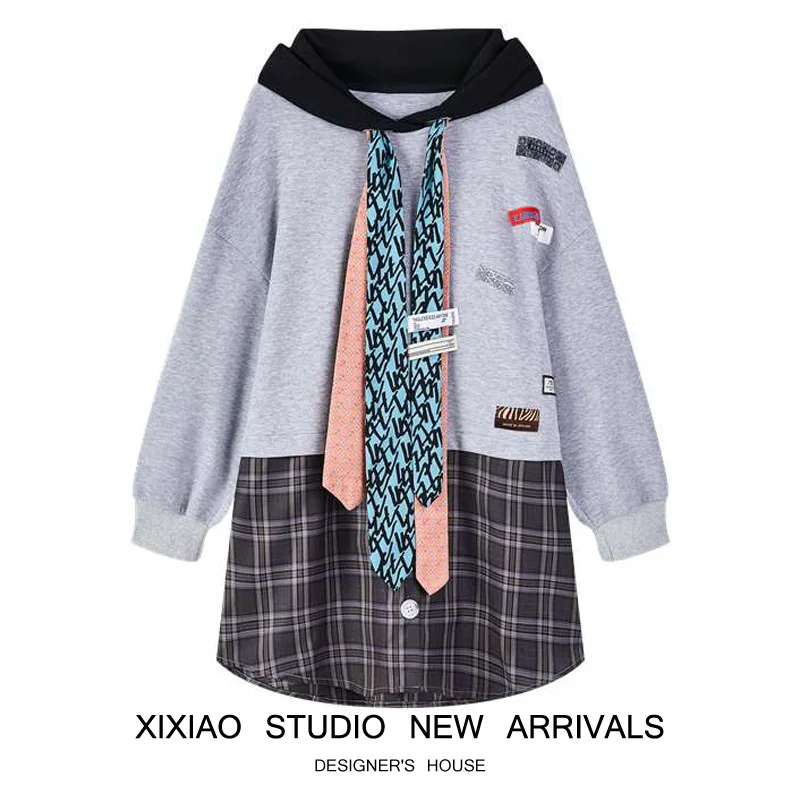 

Original Niche Plaid Stitching Dress Female Round Neck Asymmetric Patch Loose Hooded Sweater Dress 2021 Autumn New