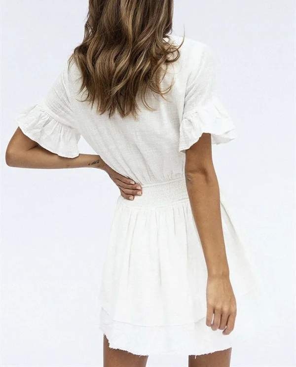 2019 сексуальное Белое платье женское с завышенной талией одноцветное глубоким