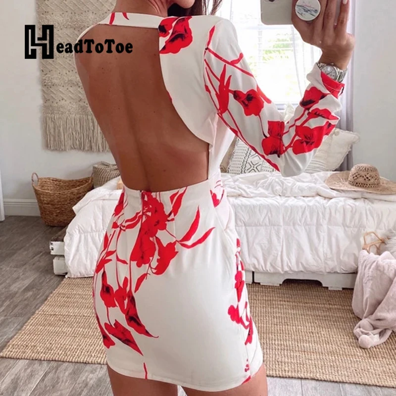

Floral Print Backless Ruffles Party Sexy Dress Woman Full Sleeve Deep V Neck A-line High Waist Slim Pleated Above Knee Dress