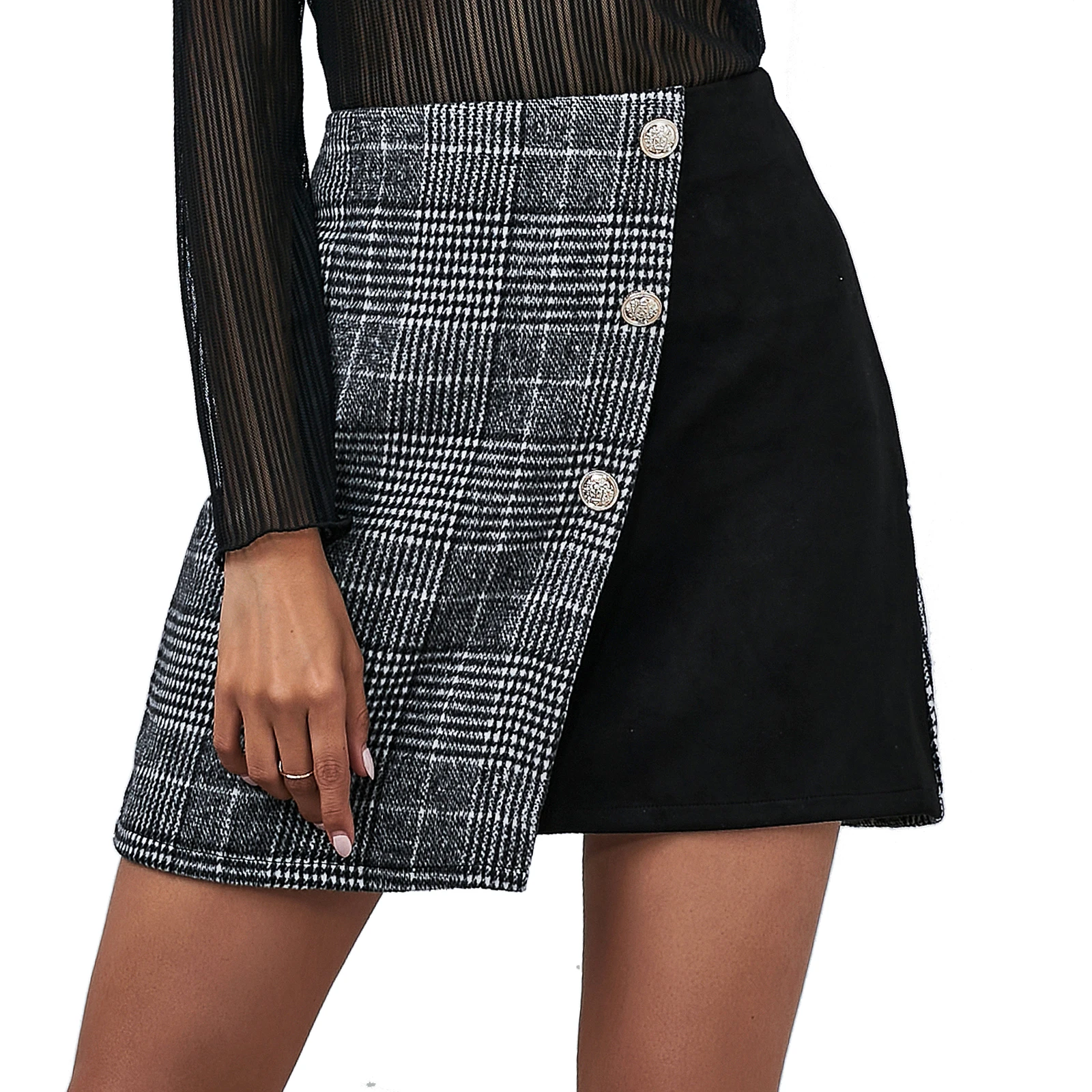 

Women Skirts High Street Plaid Patchwork Asymmetric Mini Skirts Streetwear High Waist Button Slim A-line Half Dress For Women