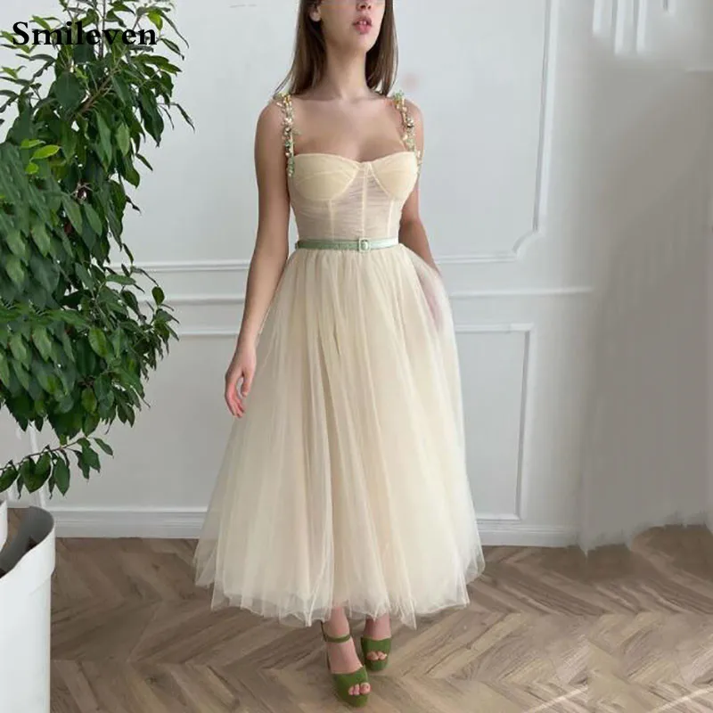 

Smileven Beige Short Prom Dresses Flowers Straps A Line Ankle Length Evening Dress Party dresses Detachable Belt Custom Made