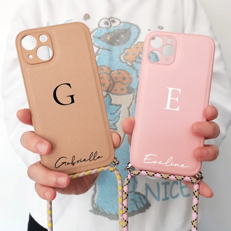 

Customize Name Leather Lanyard Case for iphone 13 12 11 Pro Max X XS XSMAX 7 8 Plus 12 13 Mini Cover Luxury Crossbody Strap Case