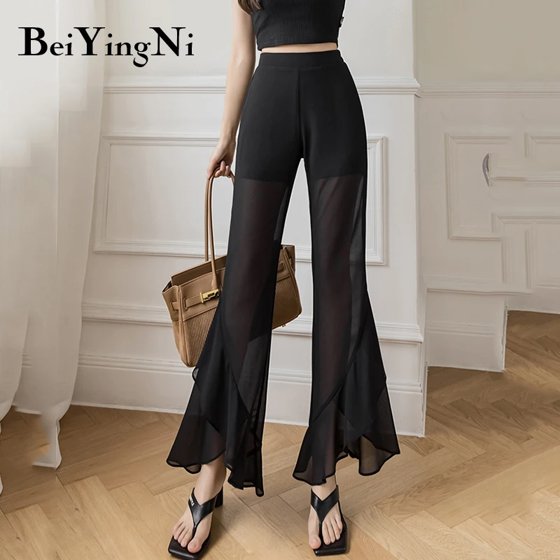 

Beiyingni Black Chiffon Flare Pants Female Summer Thin High Waist Slim Casual Vintage Trousers Womens Fashion Chic Pantalons OL