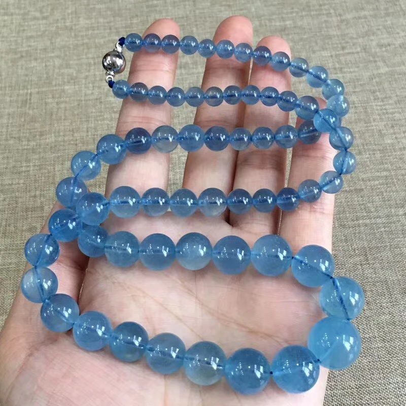 

6.1-14.1mm Natural Blue Aquamarine Clear Necklace Clear Round Beads Woman Charms Crystal Woman Healing Stone AAAAAA