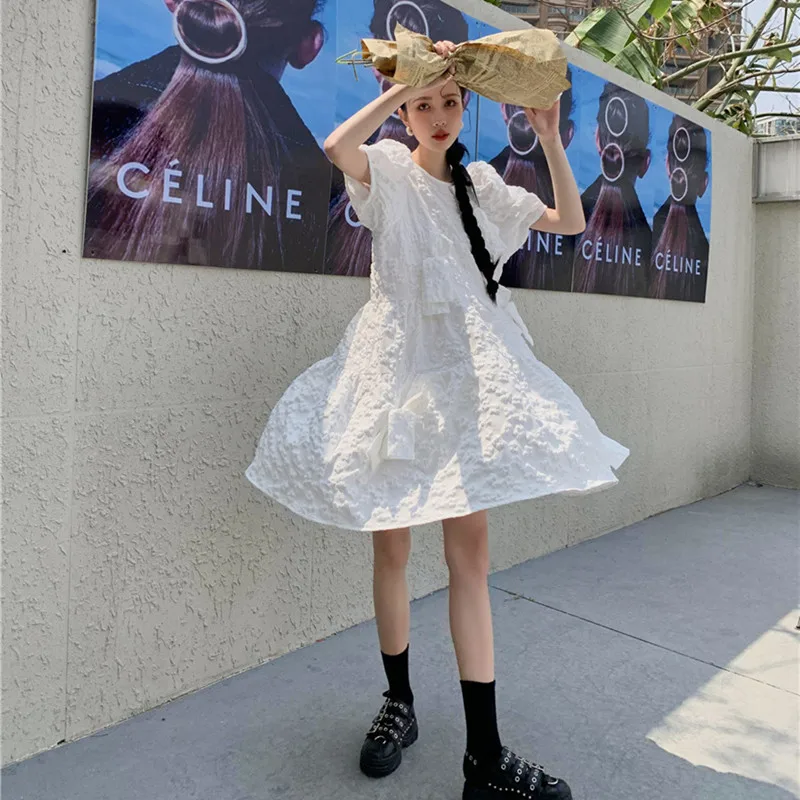 

Female Summer Puff Sleeve White Sweet Dress Women Vintage Sweet Bow Spliced Dresses Ladies Elegant O-Neck Loose Vestidos ML118