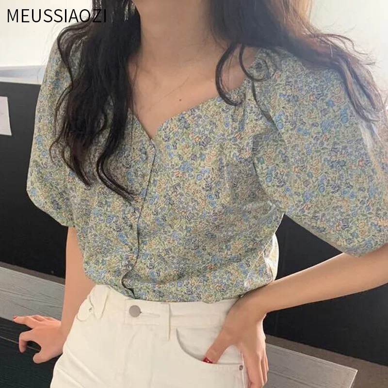 

2020 New Korea Chic Women Print Elegant Loose Short Sleeve Fresh All-Match Simple Sweet Casual Shirt