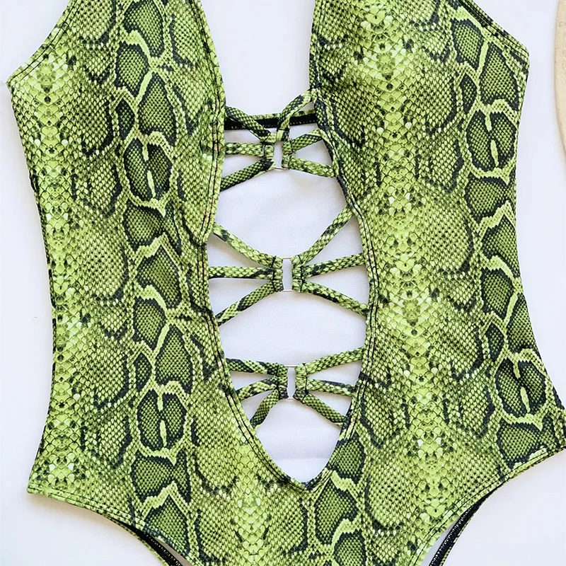 

Sexy Snake Skin Halter Monokini Women Swimwear One Piece Swimsuit Female Tummy High Cut Out Bather Bathing Suit Swim Bodysuit