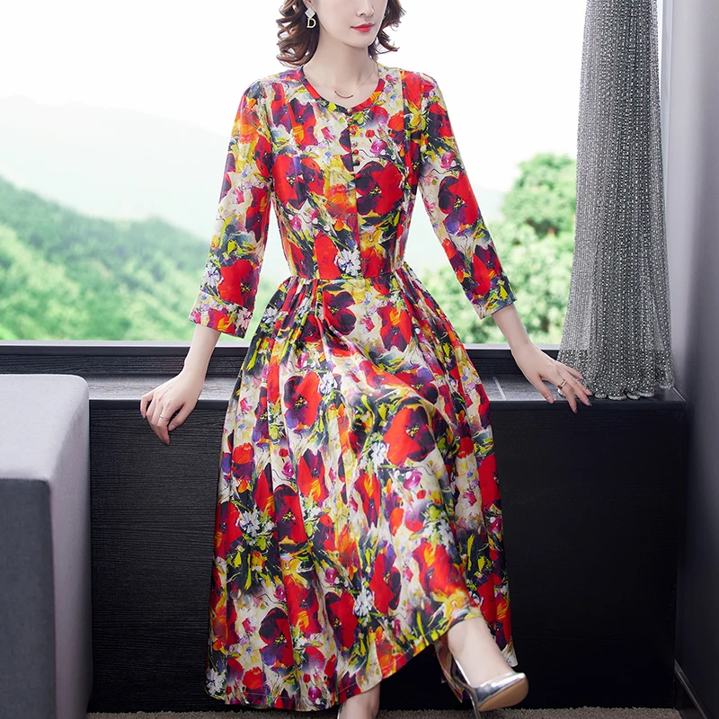 

Chikichi 2021 Spring and Autumn New Round Neck Printed Chiffon Dress Female Loose Beach Elegant Bohemian Midi Skirt
