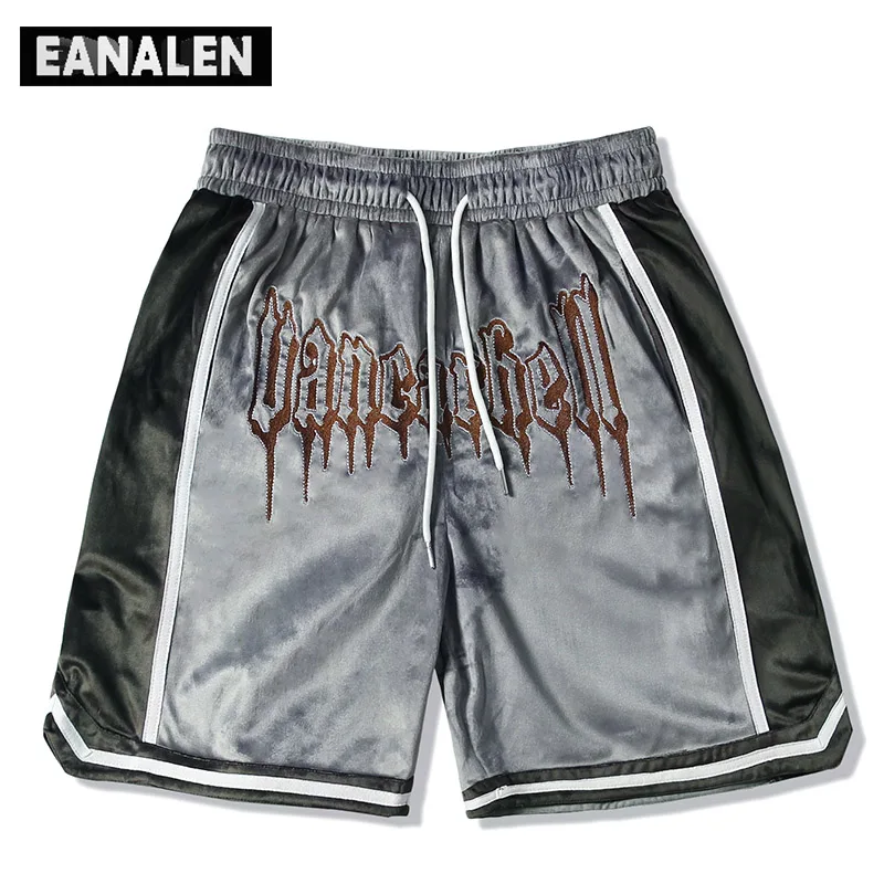 

2021 summer gold velvet embroidered casual shorts men Harajuku men's running basketball shorts street hip-hop high street pants