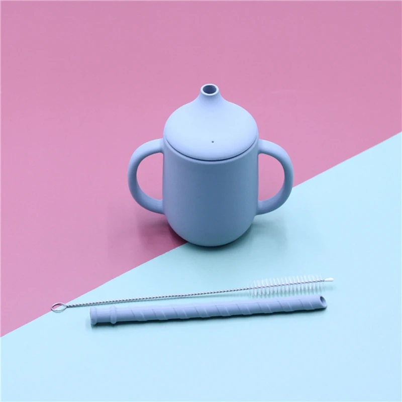 

54DA 3 Pcs Baby Food Grade Silicone Feeding Sippy Cup Dual Handle Drinking Straw Cups