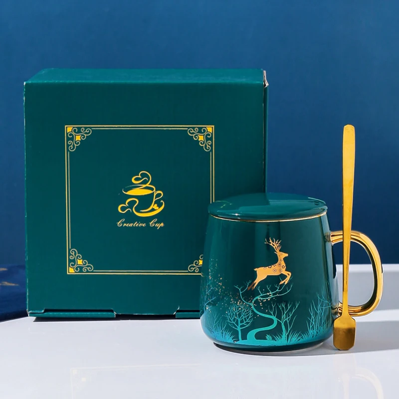 

Creative Elk Ceramic Mug Household Water Cup High Temperature Resistant Coffee Milk Tea Cup Gift Box Set with Spoon and Lid