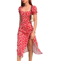 new small floral polka dot summer womens robe fashion short sleeve midi dress square collar hem split buttock womans clothing