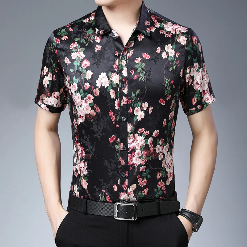 

Super Quality Male 100% Silk Clothes Floral Printed Pure Silk Shirts Man Summer Printing Soft Cool Silk Dress Shirts