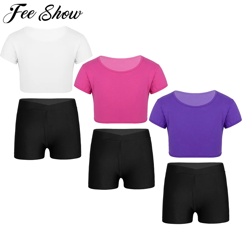 

Kids Girls Clothes Basics Crop Top and V-front Elastic Waistband Shorts Set Summer Dance Gymnastics Workout Fitness Outfits