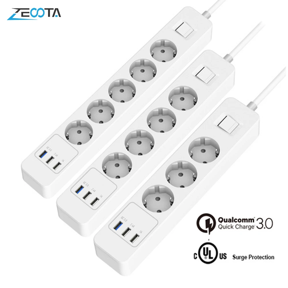 Мощность полосы 3/4/5 AC розетки ЕС Plug стабилизатор напряжения protectorwith с 3 портами(стандарт QC3.0 быстро/быстрое/Быстрый Зарядное устройство и 1,5 м кабель-удлинитель