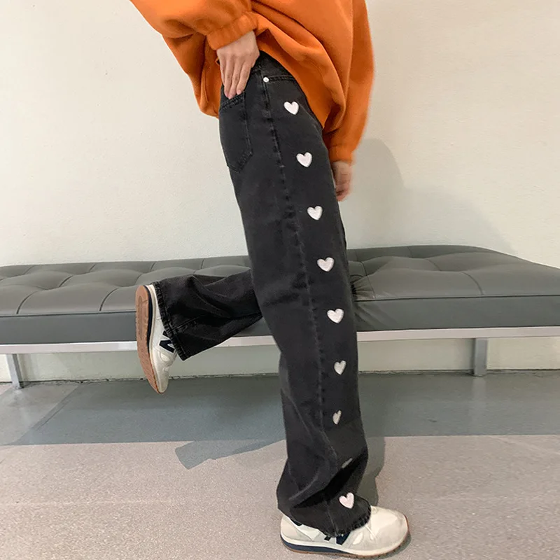Модные женские джинсовые брюки в стиле Харадзюку С принтом сердца джинсы широкие