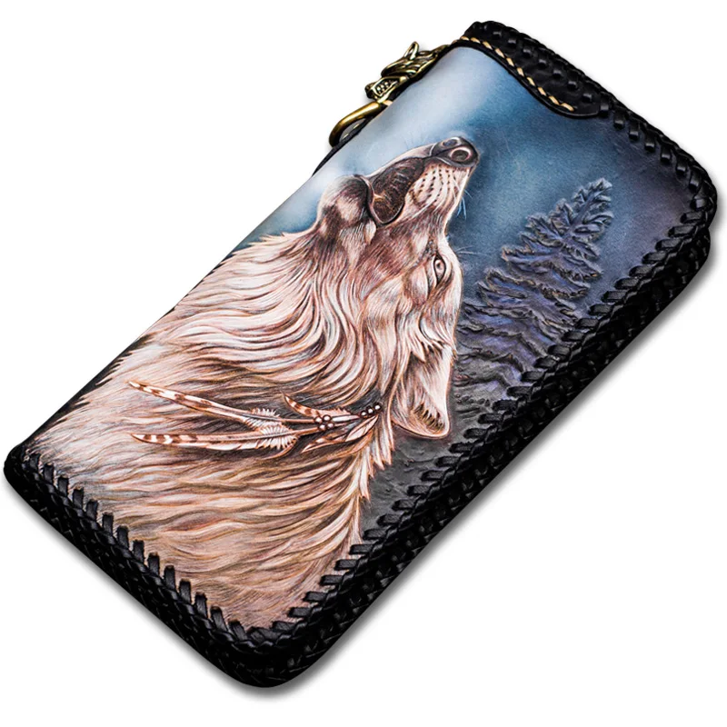 

Handmade Men Genuine Leather Card Holder WOLF Knitting Wallets Bag Purses Man Clutch Vegetable Tanned Leather Long Wallet
