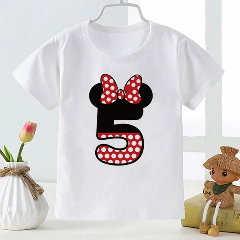 Minnie Mouse T-shirt For Girls Children Clothes Happy Birthday Numbers 0-9 Disney Cartoon Boy T shirt Top Harajuku Baby T-shirts