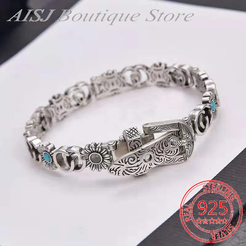 

Ag925 Sterling Silver Belt Buckle Small Daisy Flower G Bracelet Men And Women Couple Retro Exquisite Luxury Brand Jewelry Gift