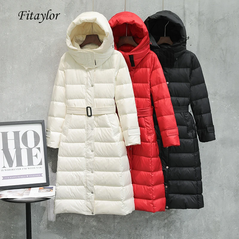 Женская парка на белом утином пуху Fitaylor ультрадлинный пуховик с капюшоном