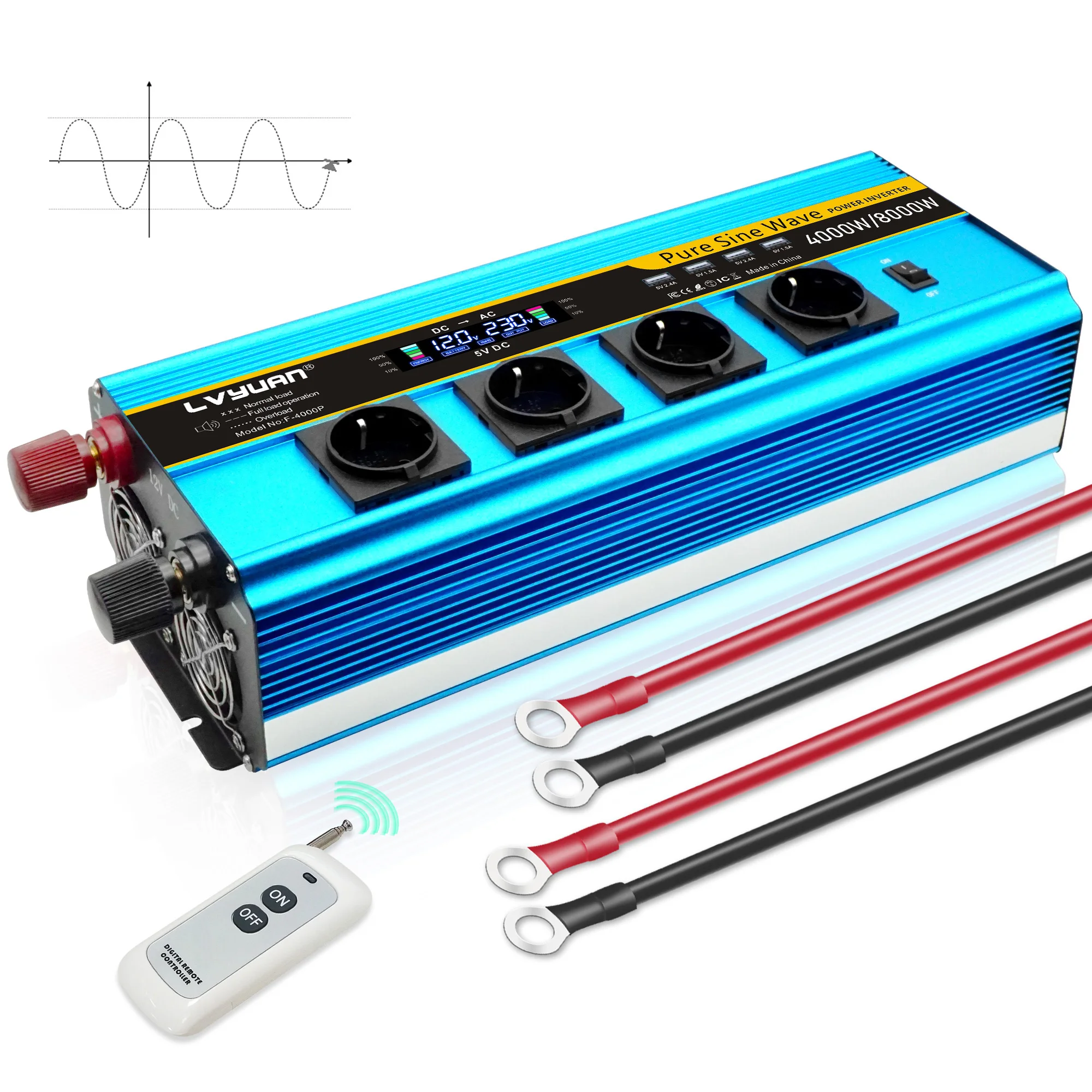 

4000W/8000W Car Inverter 4 Socket 12v 220v EU LCD Large Power Solar Power Inverter Car Ac 220v With 4 USB