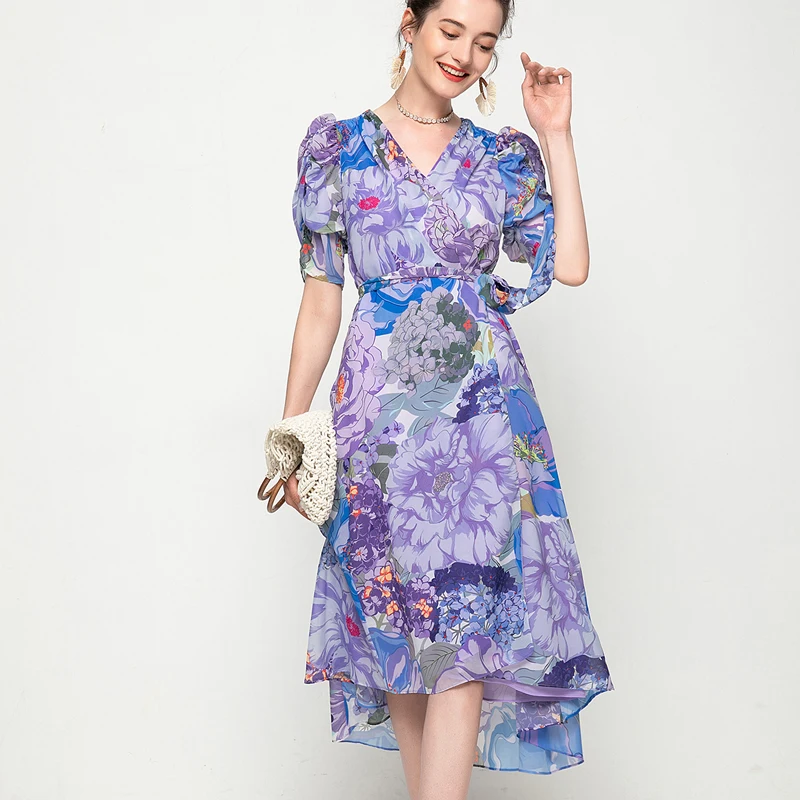 

2021 Summer New Style Bohemian Retro Print Flower Sexy V-Neck Short-Sleeved Belt Self-Cultivation Temperament Chiffon Dress