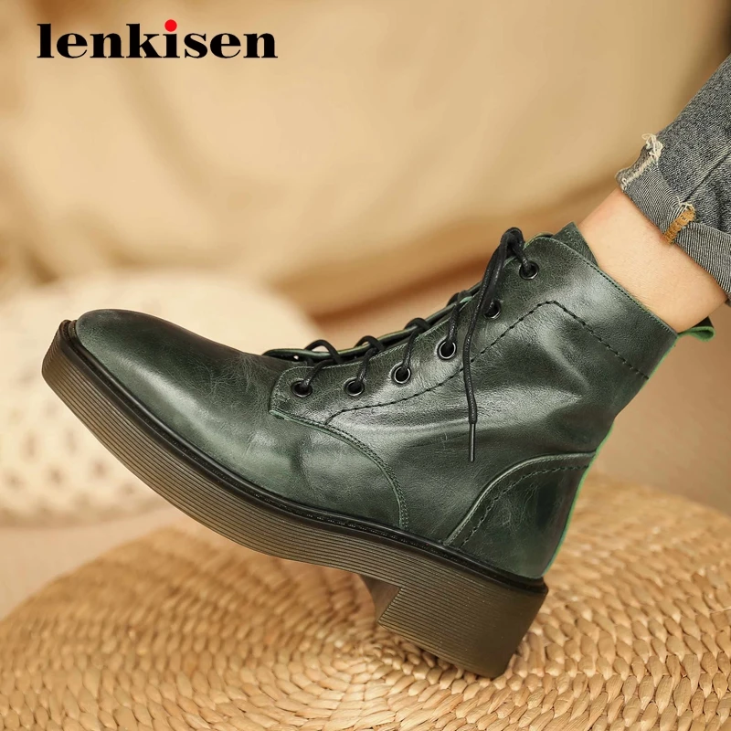 Jual Lenkisen Barat Baru Sepatu Kulit Alami Buatan Tangan Square Toe Tebal Med Tumit Renda Solid Kantor Klasik Semata Kaki L06