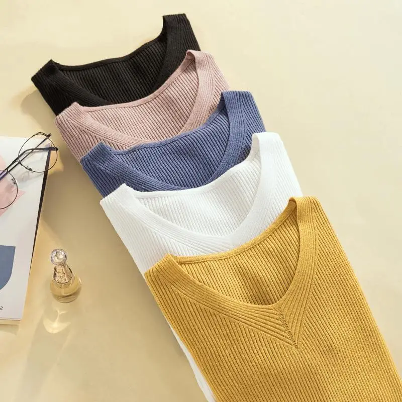 

2021 Autumn Winter Button V Neck Sweater Women Basic Slim Inside Slim Fit Tight Pullovers Knit Jumper Ladies Tops