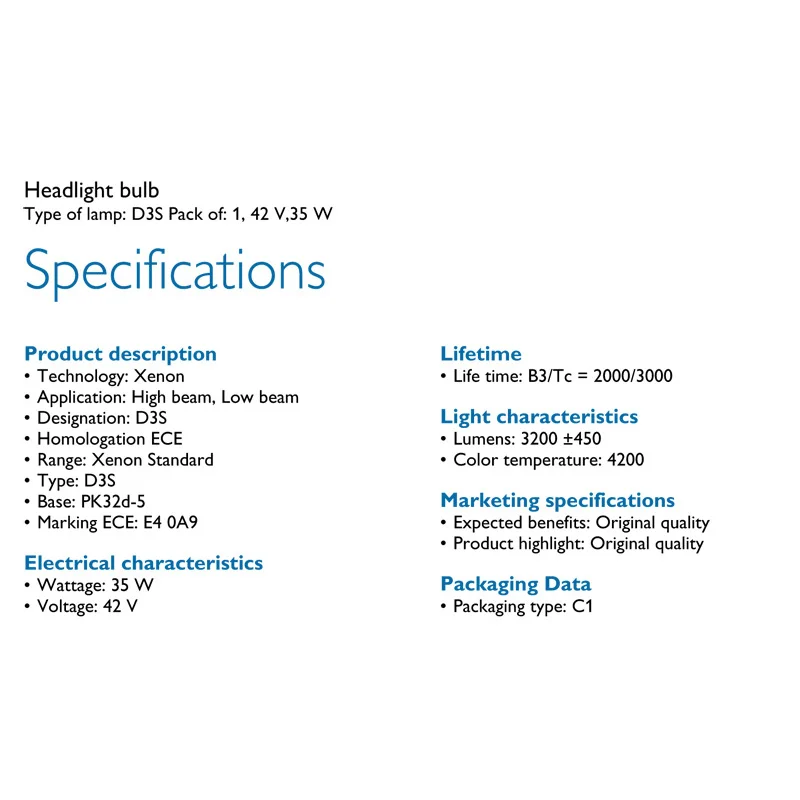 

Philips 100% Original D3S Xenon Standard 42403C1 35W Xenon HID Headlight Car Bulb Auto Lamp HL Beam ECE OEM Quality ,1X